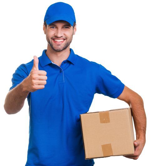 hombre con pulgar arriba y caja en mano