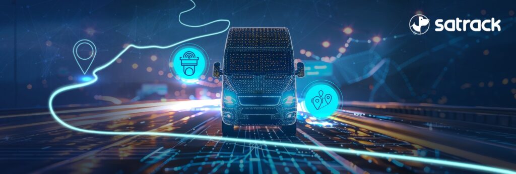 Work van on a highway with GPS tracking and dash cam icons - Satrack dash cam for work trucks